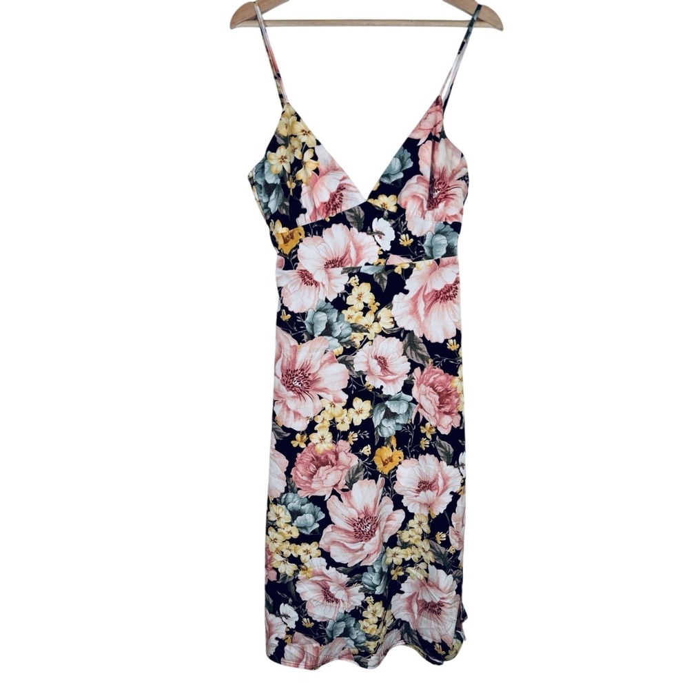 Forever 21 Women's Medium Pink Floral Spaghetti Strap Midi Dress Slit Side